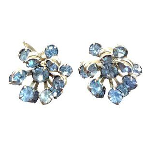 Vintage Screw-Back Earrings With Icy Blue Rhinestones & Silver-Tone Metal Floral